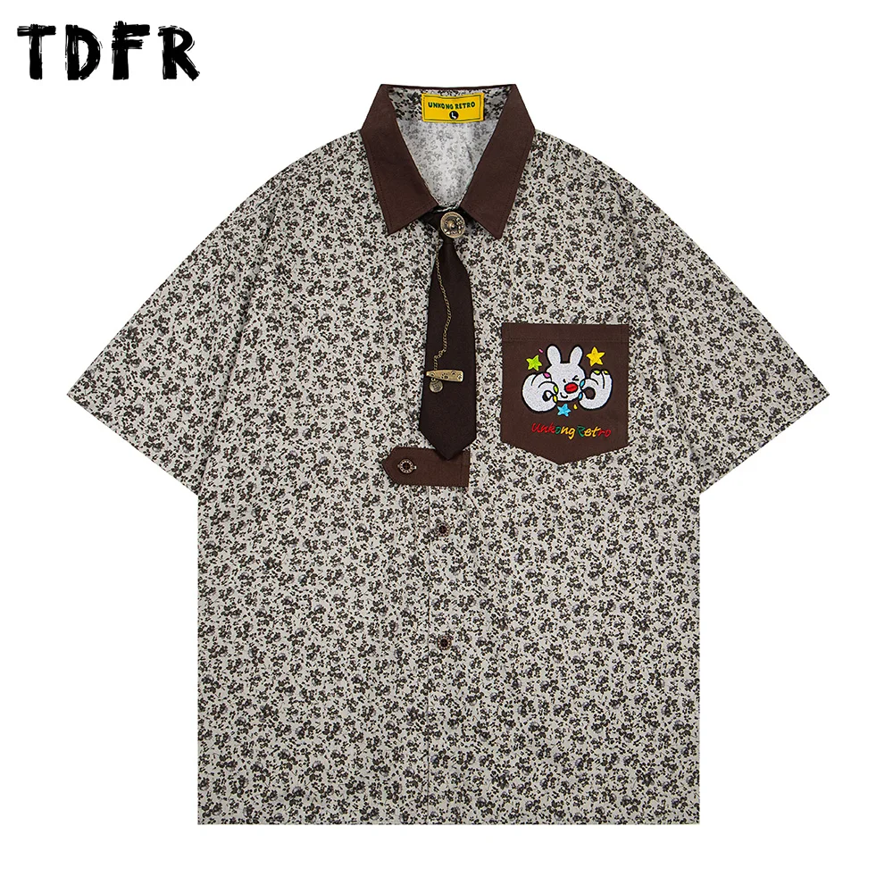 

Full Print Spliced Short Sleeve Shirts Mens Pocket Embroidery Retro Casual Loose Lapel Single Breasted Half-Sleeve Shirts Man