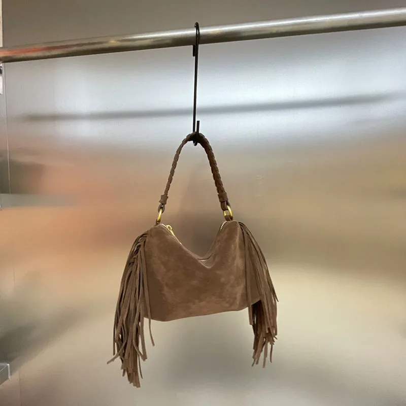 

Fashion Autumn Elegant Sand Fringe Tassel Shopping Bag Boston Crossbody Handbag Casual Simple Women Faux Suede Tote Bag