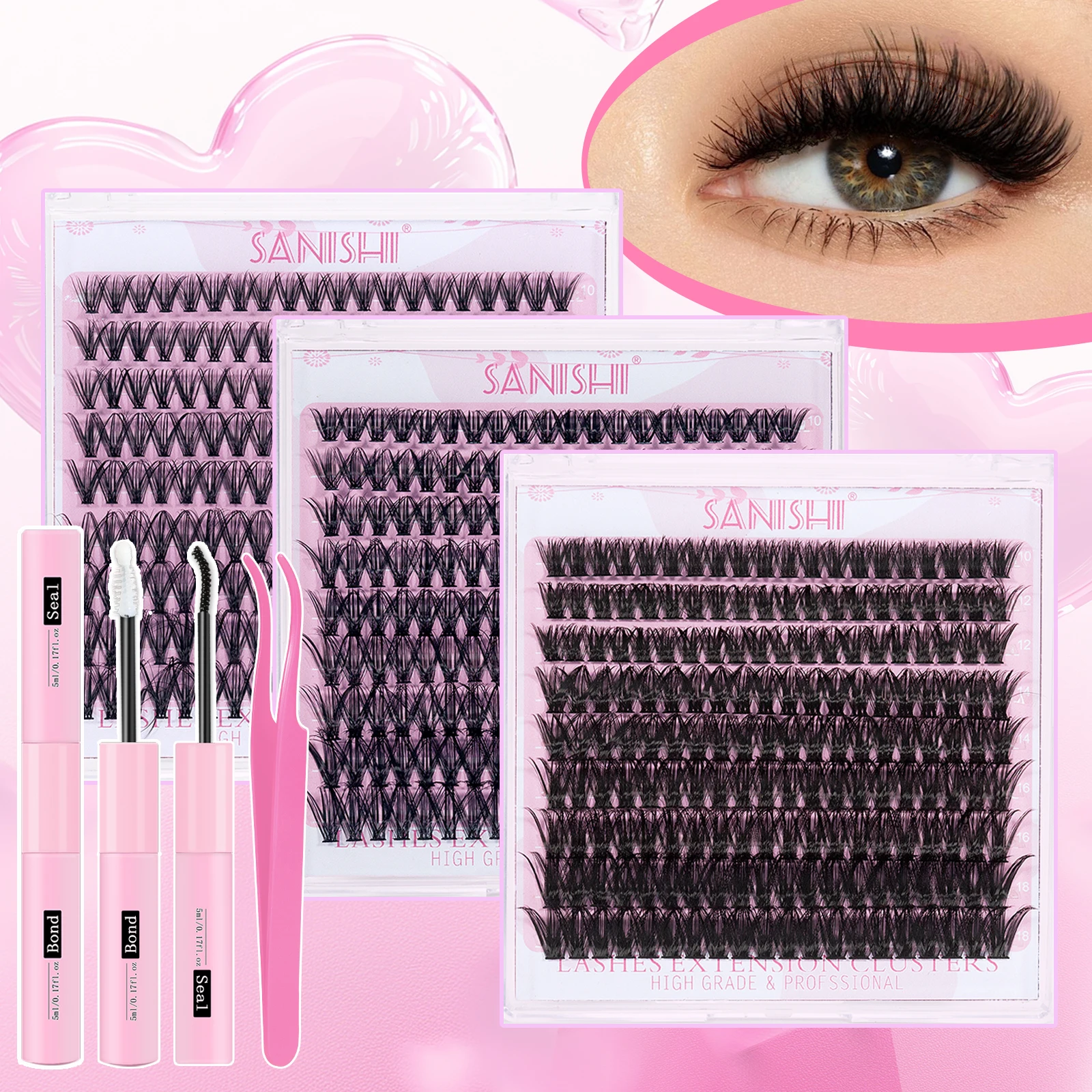 Sanishi Lashes DIY Eyelash Extensions Set 180 Clusters10-18 mm Individual Eyelash Kit with Eyelash Adhesive and Sealing Tweezers