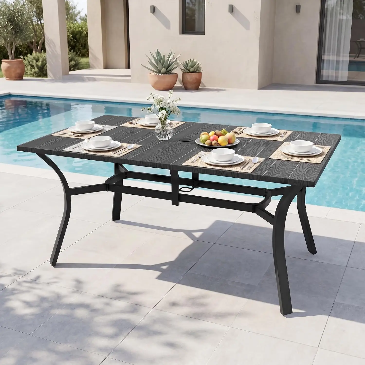 63'' Outdoor Dining Table for 6, Black Metal Patio Table with Umbrella Hole, Anti-Rust Waterproof Square Table, Customized