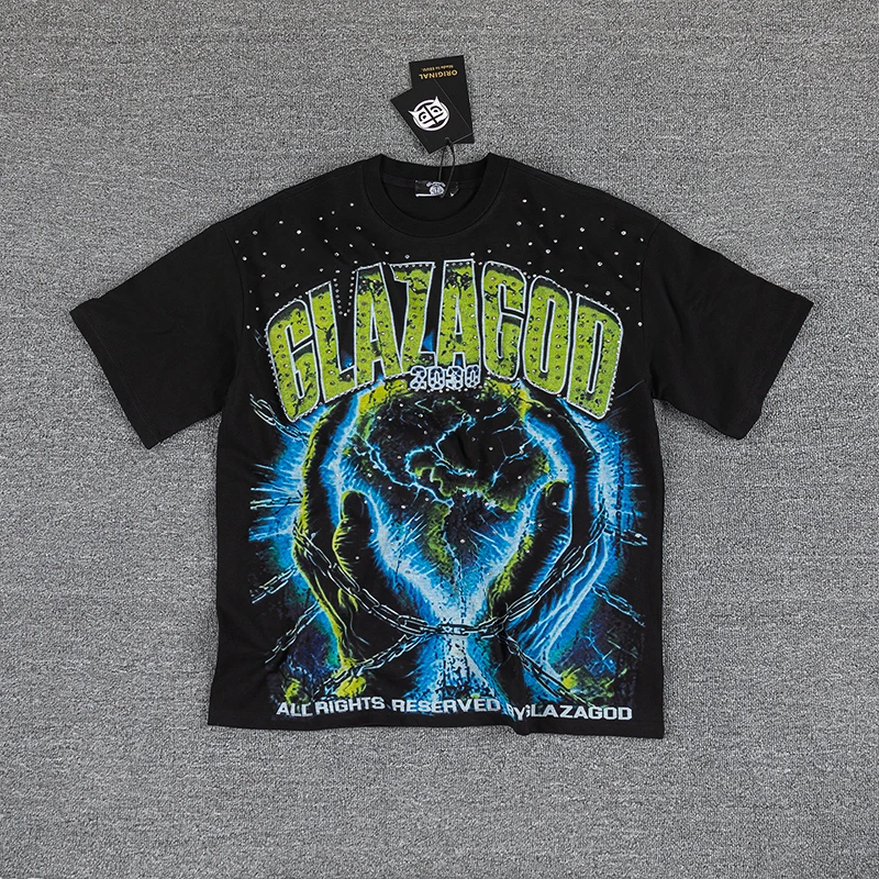 GlazaGod Short Sleeve T-shirt Hip Hop Retro Skull Shining Diamond T-shirt