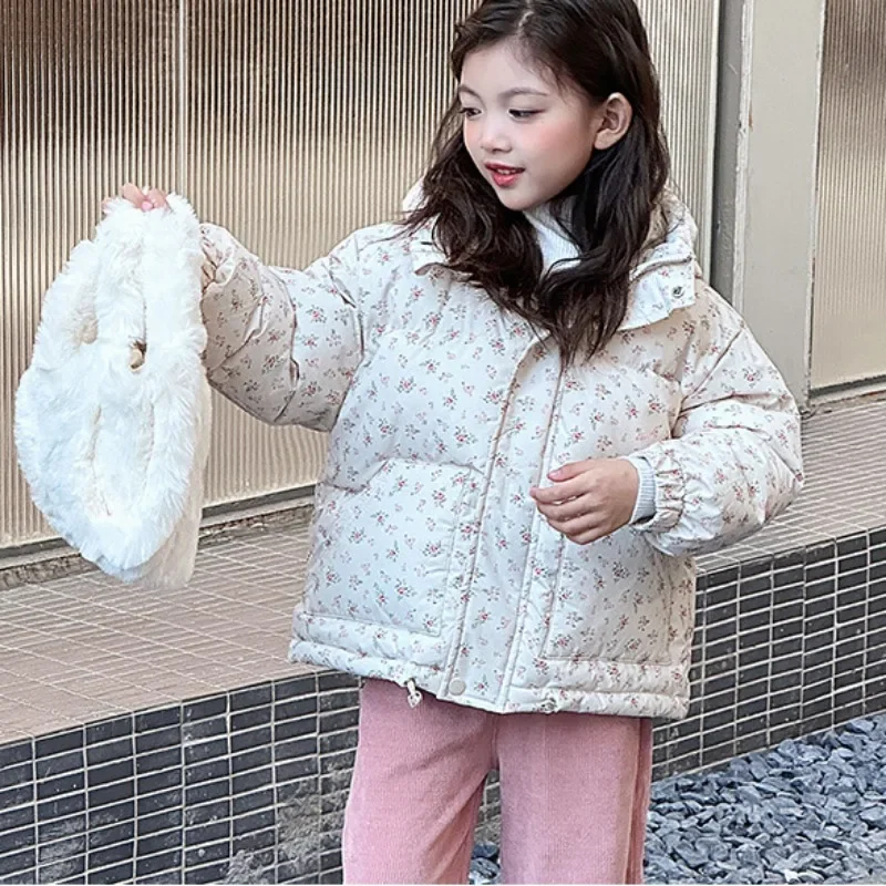 

Girls' Winter New Floral and Plush Thick Cartoon Cute Windproof Warm Long Sleeved Hooded Fashionable Cotton Jacket