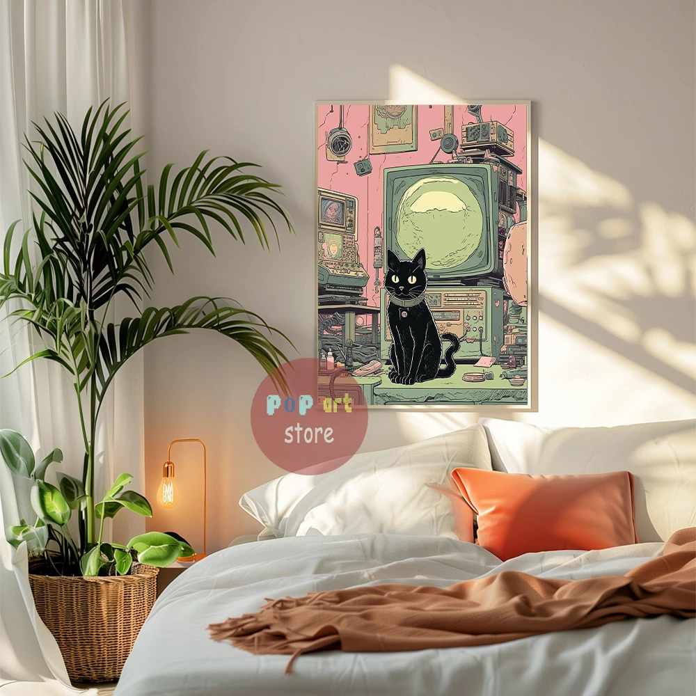 Space Cat Cosmic City Pop Style Illustrated Posters Canvas Printing Black Cat Art Decor Sci-fi Vintage Aesthetic Wall Decoration