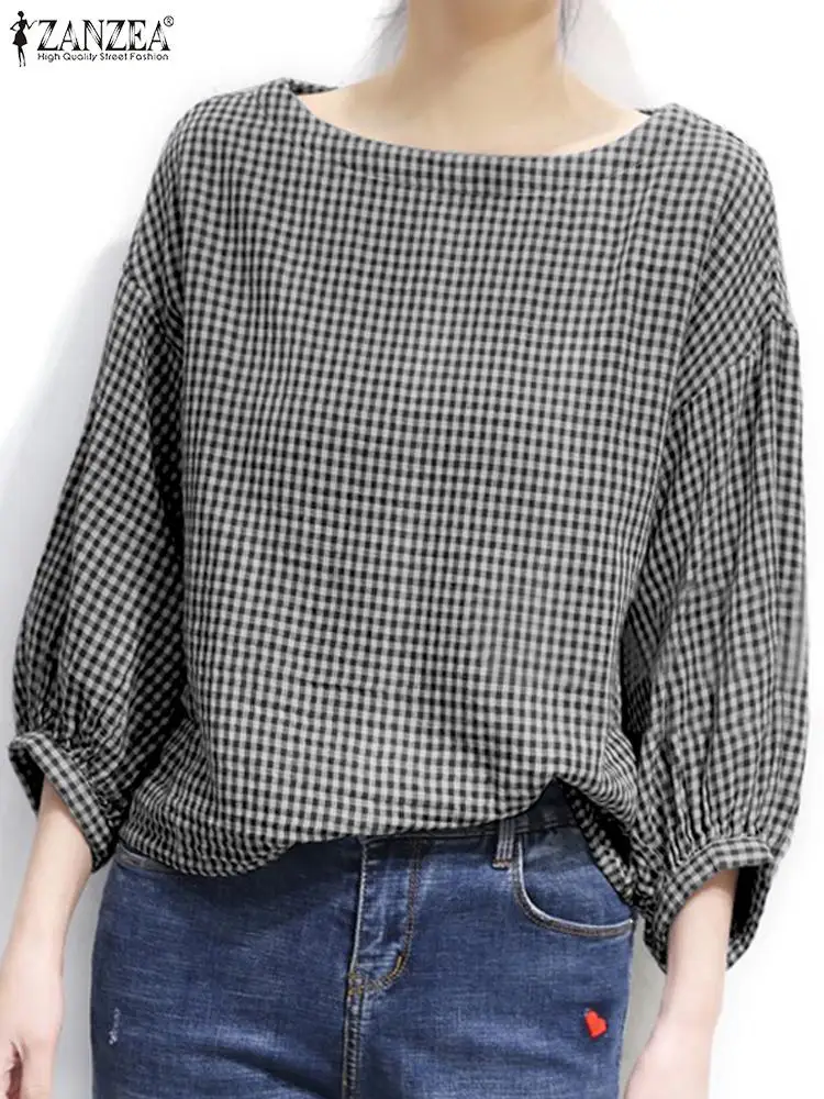 Vintage Plaid Checked Blouse ZANZEA Autumn Women Tops Casual O Neck 3/4 Sleeve Baggy Shirt Female Elegant OL Work Blusas 2024