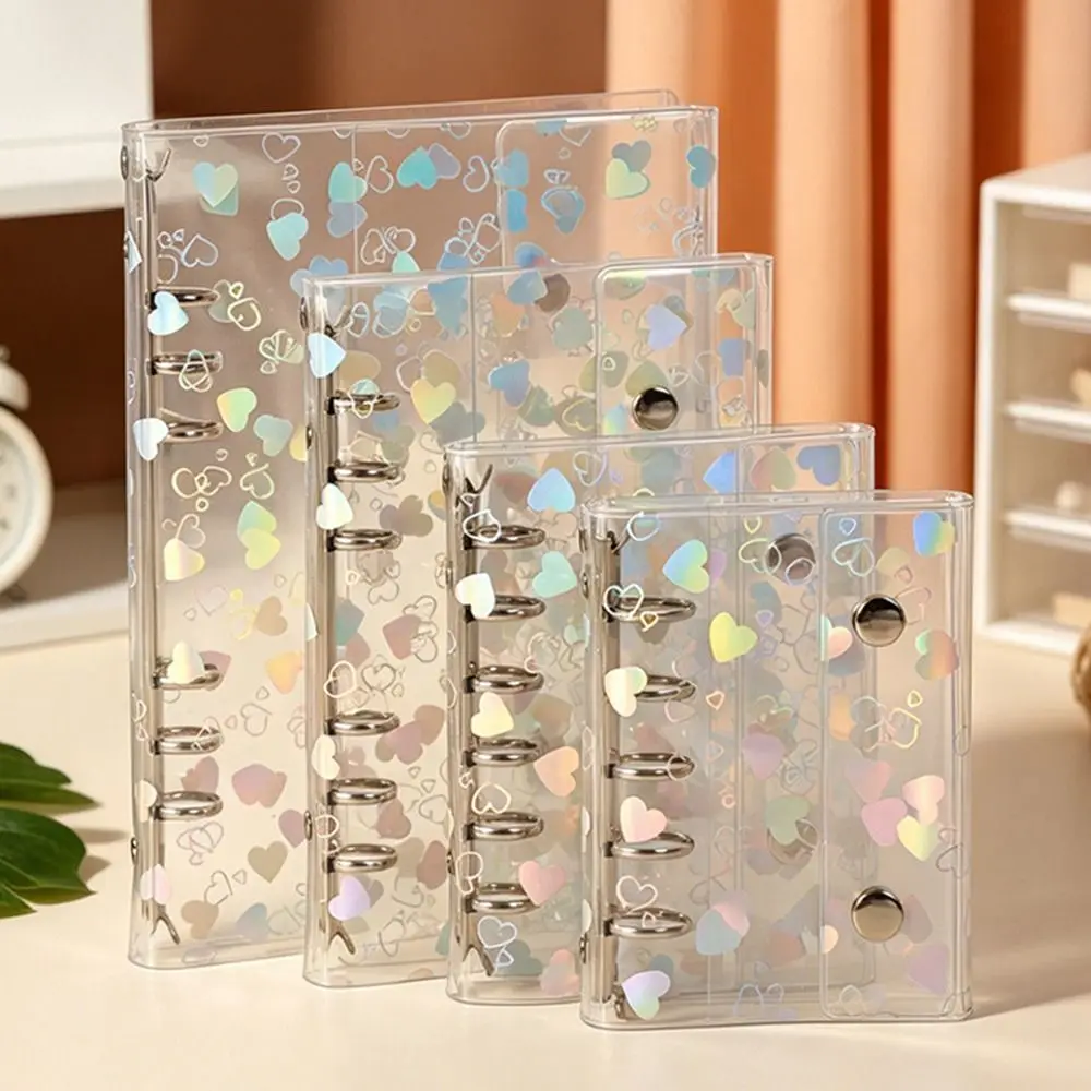 PVC Binder Cover Laser Heart Patterns A5/A6/A7/M5 Loose-Leaf Notebook Shell with Double Snap Closure Refillable Planner Cover