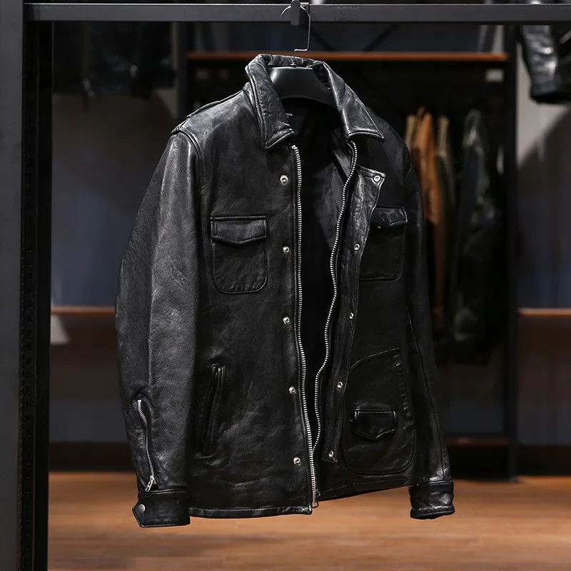 New spliced vegetable-tanned cotton leather for men and women with lapels pockets casual motorcycle