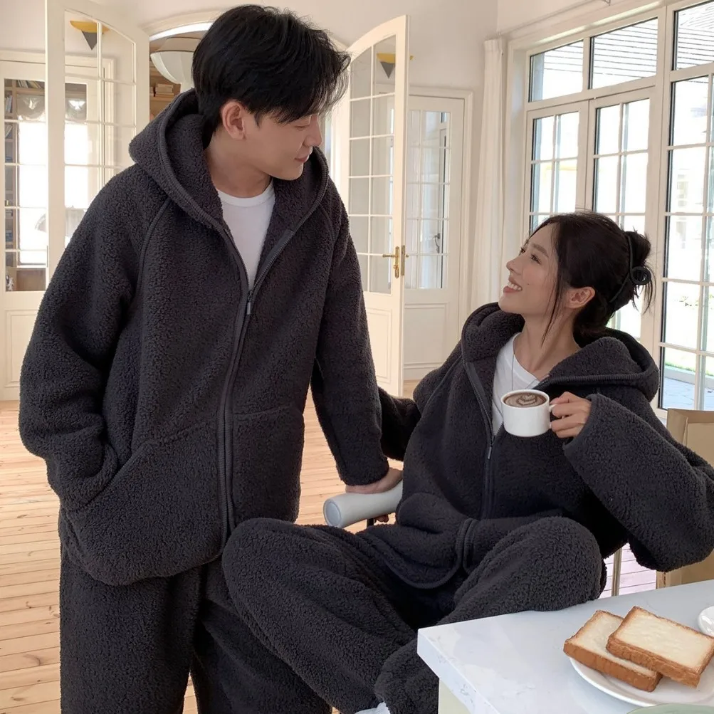 

Autumn Winter New Women Warm Soft Couple Coral Fleece Pajamas 2 Pieces Home Suit Casual Hooded Pajamas Night Wear
