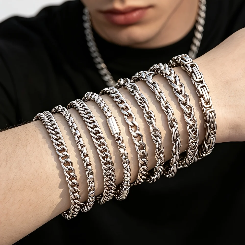 5-Piece Set [Random] Stainless Steel Hip-Hop Chunky Bracelet Set, Fashionable Bracelets Suitable for Both Men and Women, Punk Rock Jewelry Accessories, Durable Everyday Jewelry, Music Festival Gift, Father's Day Gift for Him/Boyfriend