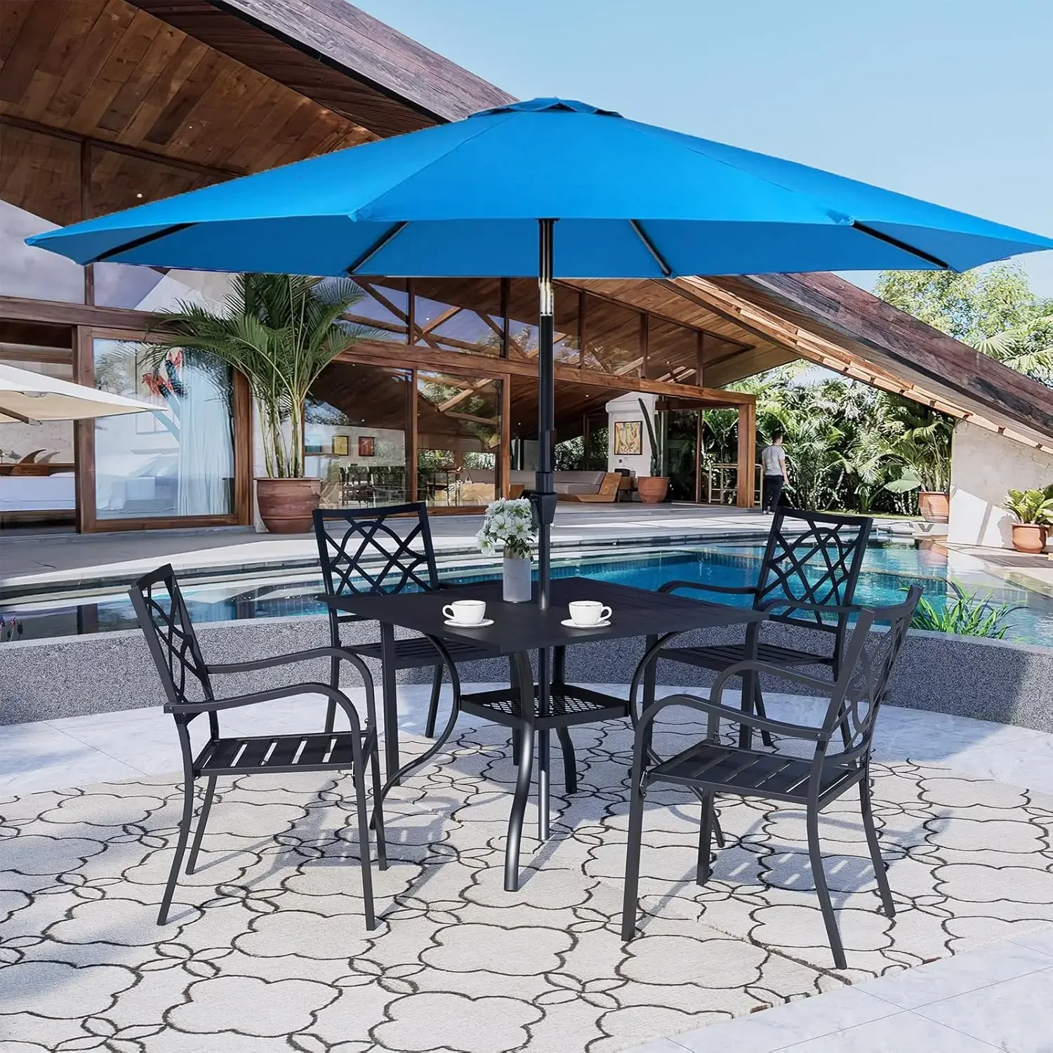 5-Piece Patio Dining Set with Sky Blue Umbrella, Outdoor Metal Furniture Dining Table Set, 4 Stackable Patio Dining Chairs