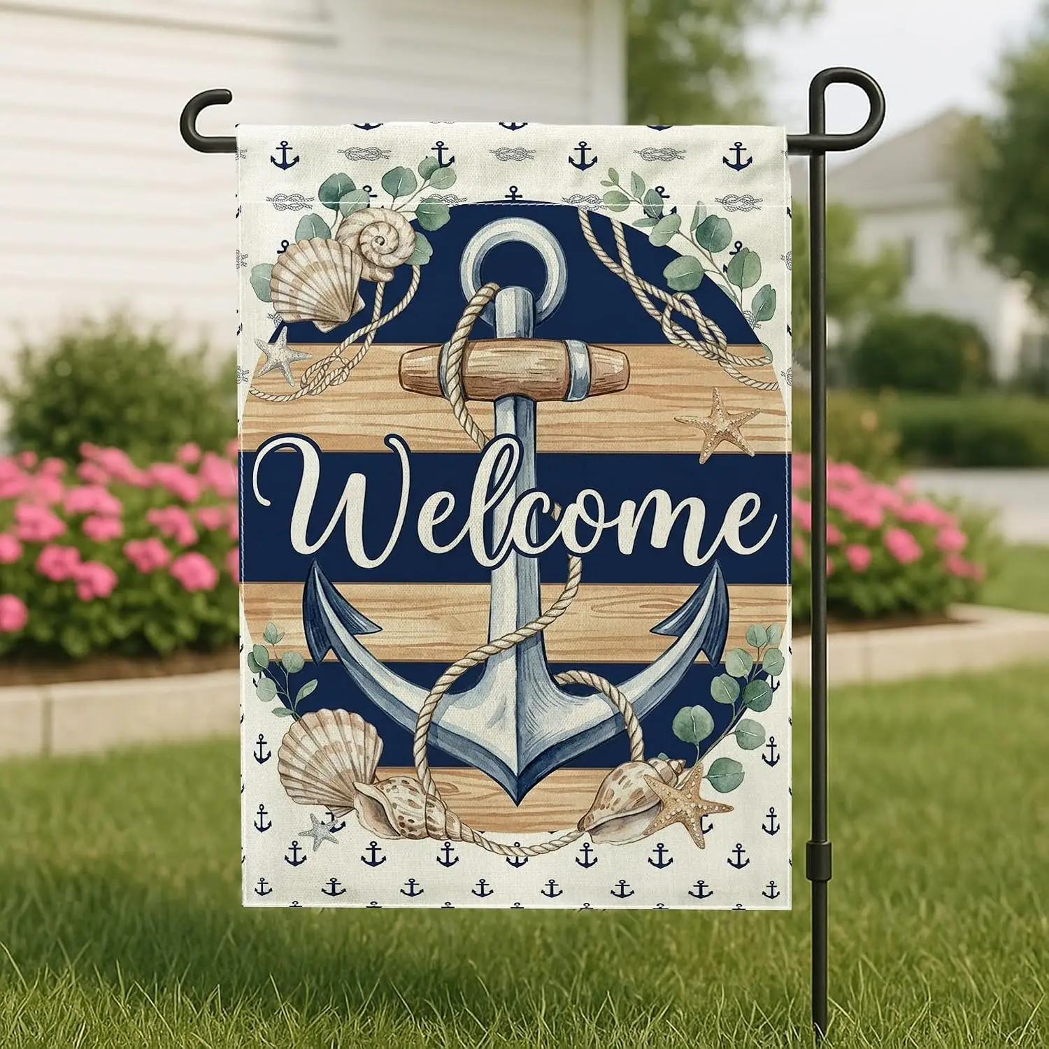 Anchors Garden Flag, Nautical Rustic Shell Starfish Summer Navy Blue Double Sided Burlap Decorative Outside Flags for Outdoo yyi