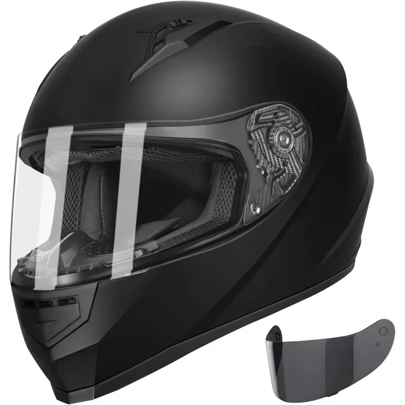 Compact Lightweight Full Face Motorcycle Street Bike Helmet with Extra Tinted Visor Approved (Matte Black, Large)