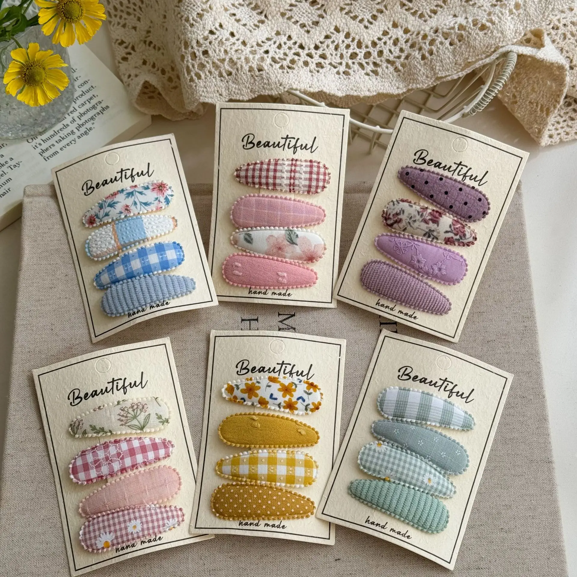 

30 компл./лот (120 шт.), 5 см, милая цветочная ткань, детские заколки в форме капли воды, заколки для волос для детей, заколки для волос для девочек