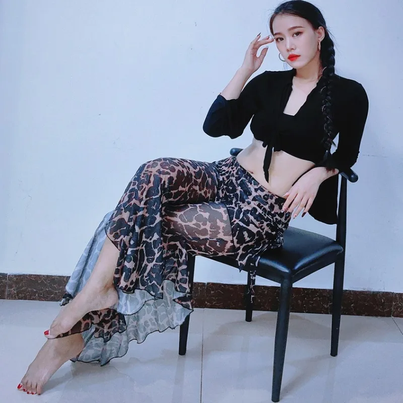 Customized Swegal Belly Dance Practice Dress Modal Split Sleeve Top Black Rice Leopard Pattern Small Apron Mesh Pants Look Thin