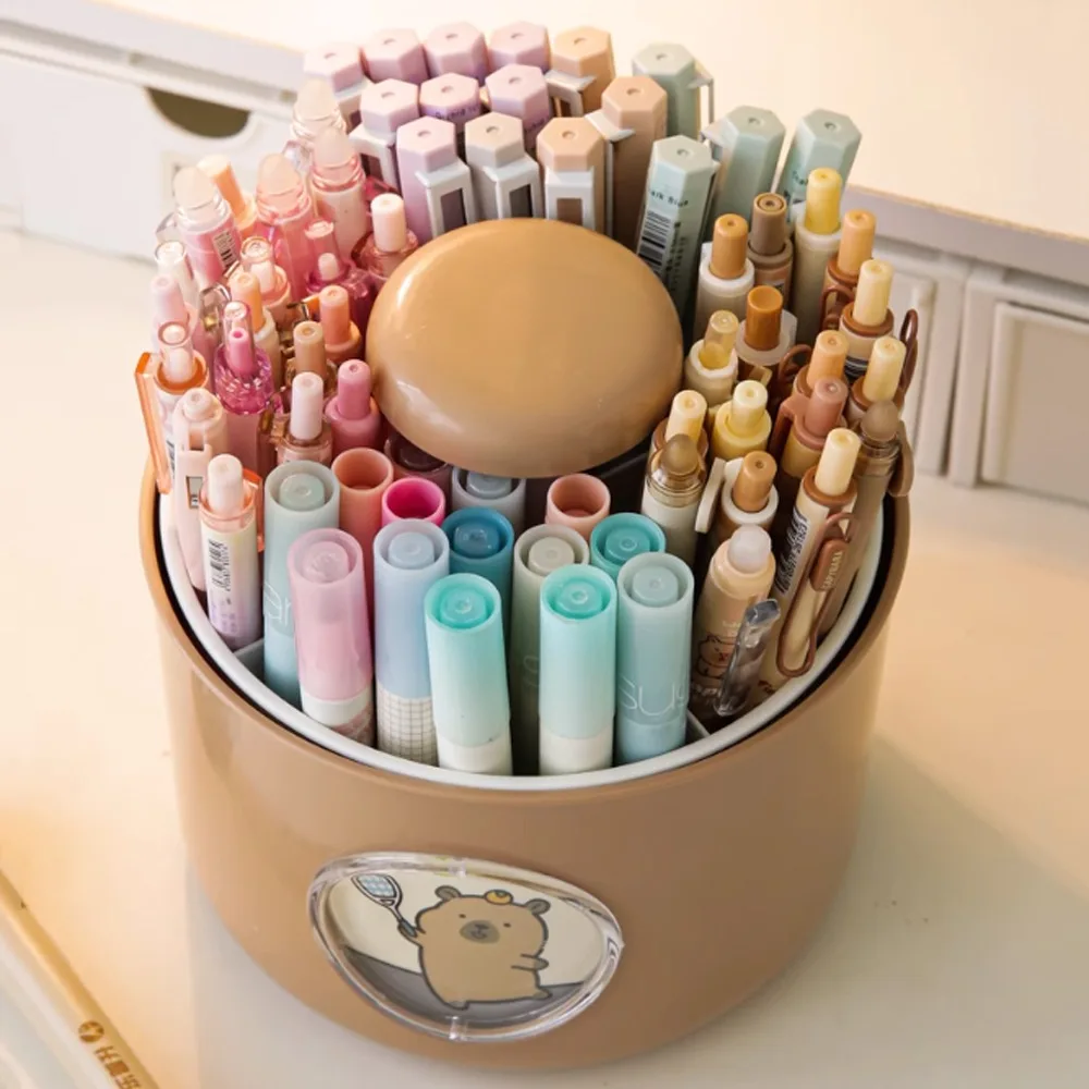 Portalápices giratorio Capybara de 4 patrones, caja de almacenamiento de escritorio de gran capacidad con 4 rejillas, plástico bonito