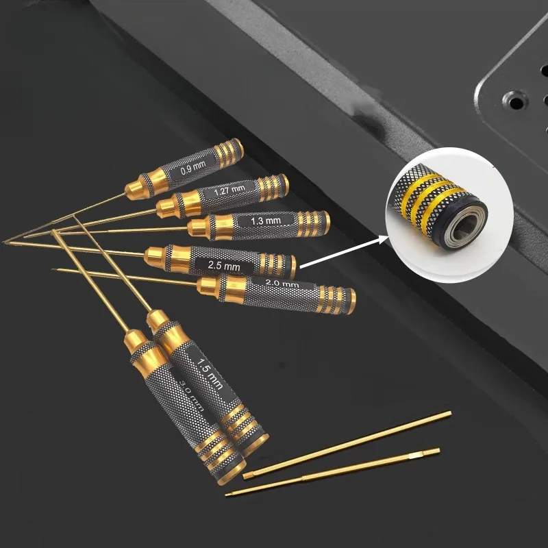 

7-piece set with gold round handle and titanium plated hexagonal inner corner Steel Hex Screwdriver Set 0.9/1.27/1.3/1.5/2.0/2.5