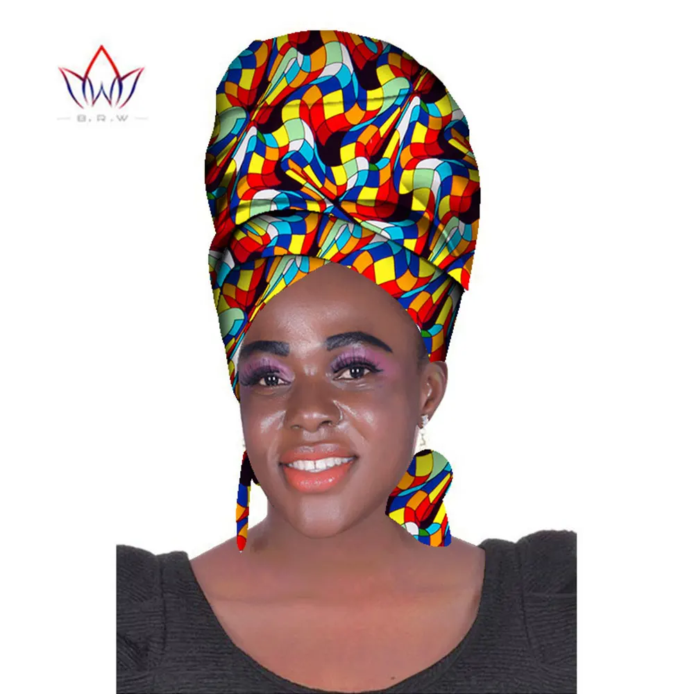 African Headtie Print Headwrap Ankara Wax Fabric 100% Cotton Scarf Kente Scarves And Earrings 2 Pieces Female Wyb483