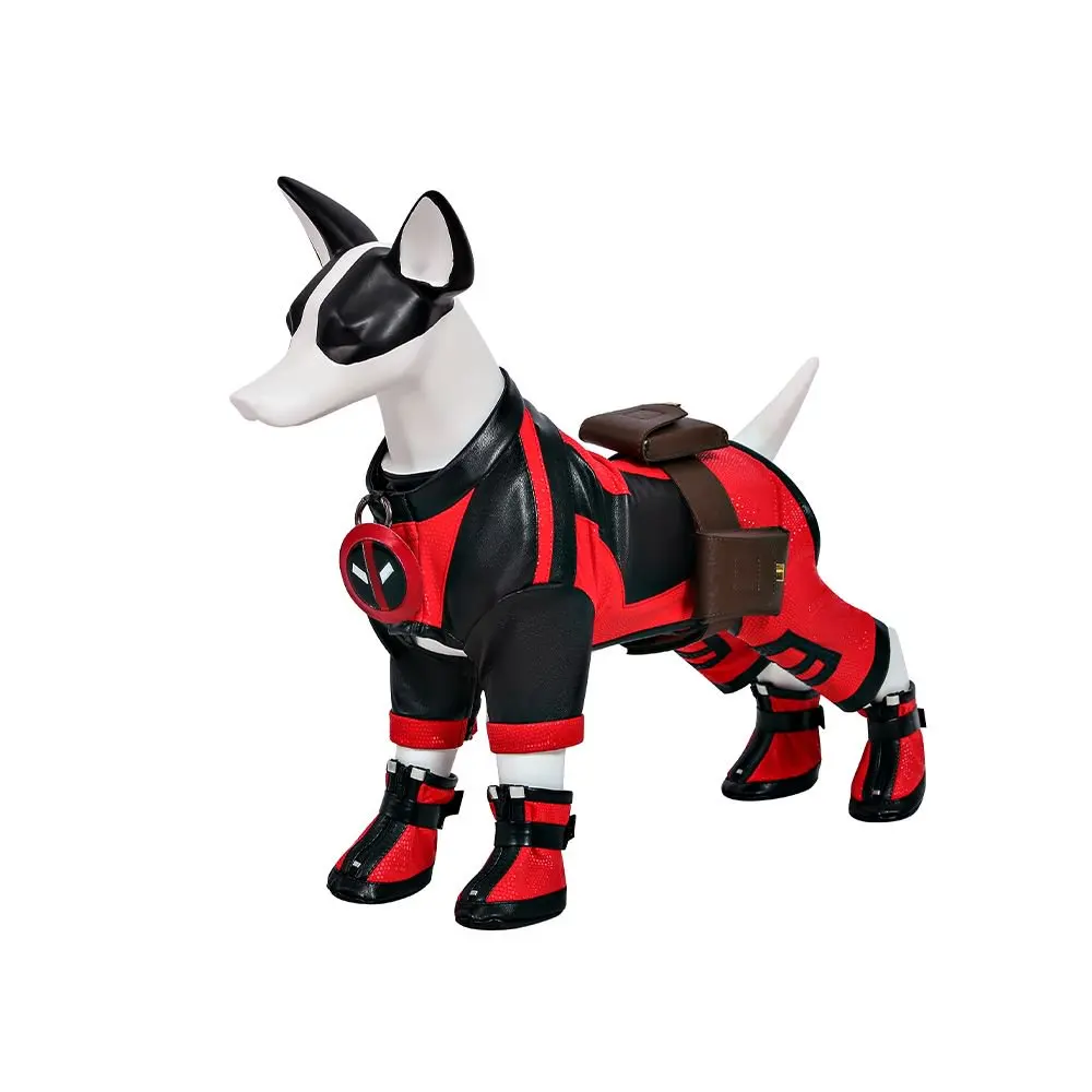 

Halloween Wade Pet Dog Cosplay Deadpool Costume Red Jumpsuit Belt Shoes Outfit Leather Dog Clothes Full Set Custom Made