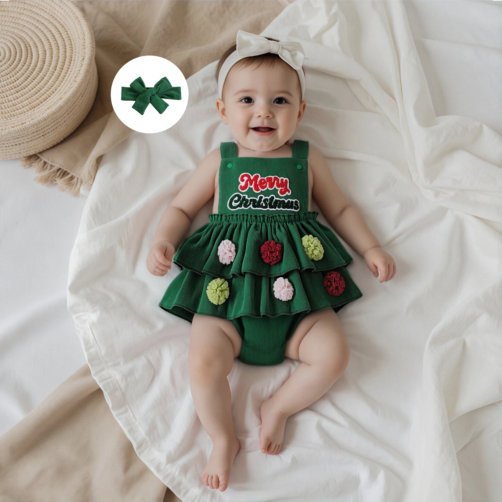 

Suefunskry Baby Girl Christmas Outfit Letter Embroidery Tiered Ruffled Sleeveless Romper Dress Bow Headband 2 Piece Set