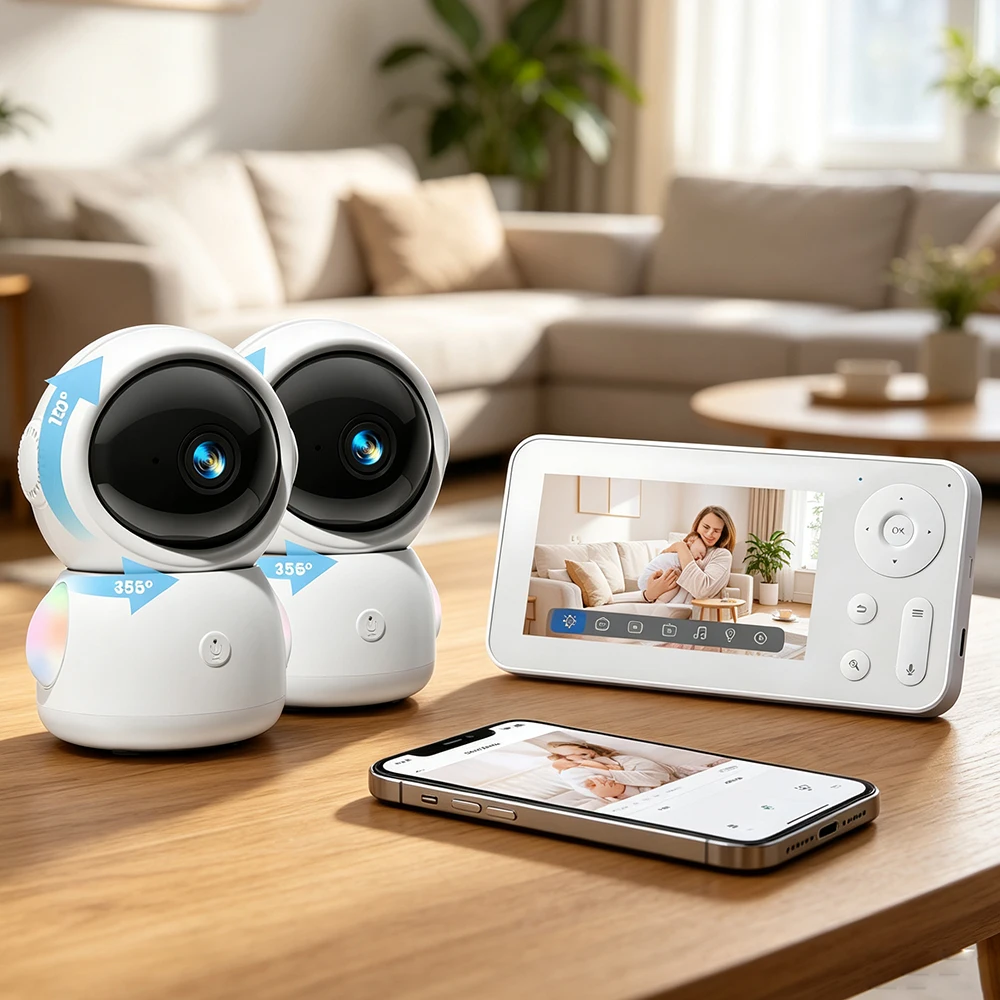 2K WiFi Baby Monitor with 2 Cameras & 4.3 Inch Screen APP Control 3MP Wireless Baby Cam AI Auto Tracking Cry &Motion Detection