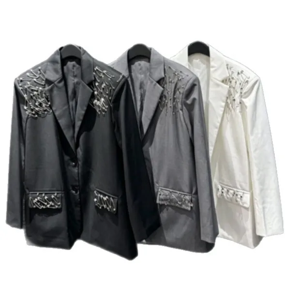 No Hood Loose Fit Coat with 3D Effect Pattern and Rhinestone Embellishment Elegant Commuter Long Sleeve Women Suit Autumn