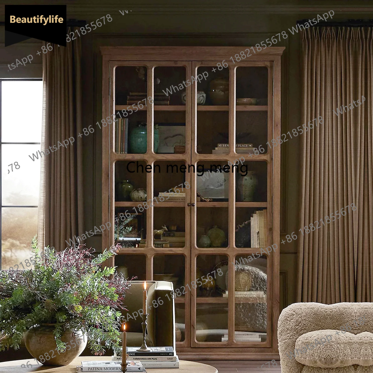 

A139 Американский сельский книжный шкаф из цельного дерева, витрина для гостиной, французский ретро-настенный стеклянный книжный шкаф