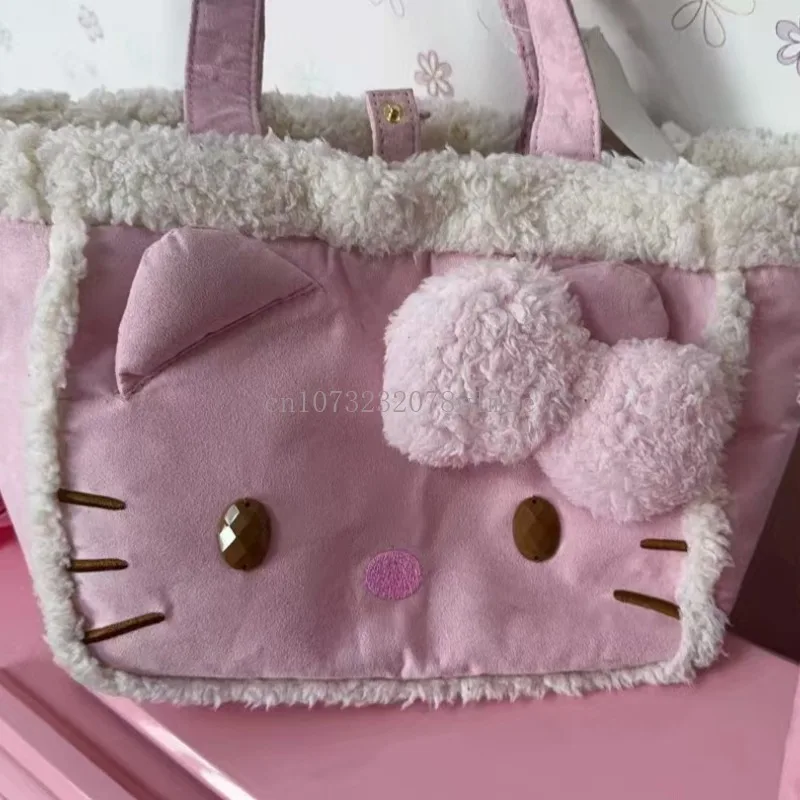 Bolso de felpa Kawaii de Hello Kitty, bolso de cosas suaves de dibujos animados, bolsos grandes de hombro para mujer, bolso de peluche informal Y2k