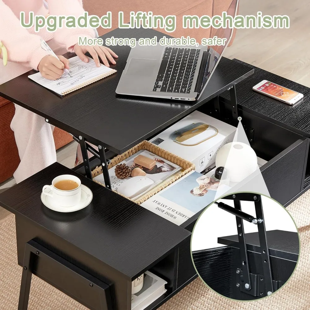 Mesa de café com compartimento escondido, prateleira de armazenamento para sala de estar, recepção do escritório, marrom, grande, preto