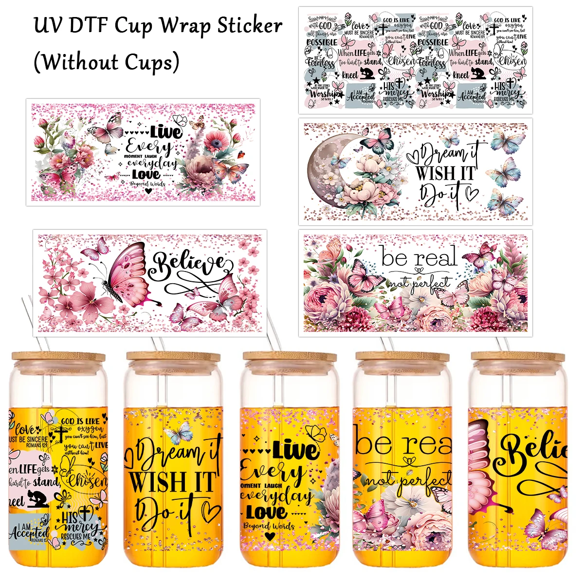 5Pcs/Set UV DTF Cup Wraps Decals Printing Waterproof Self-Adhesive Stickers For Mug Water Bottle Cup,Sticker For Glass Can Wrap