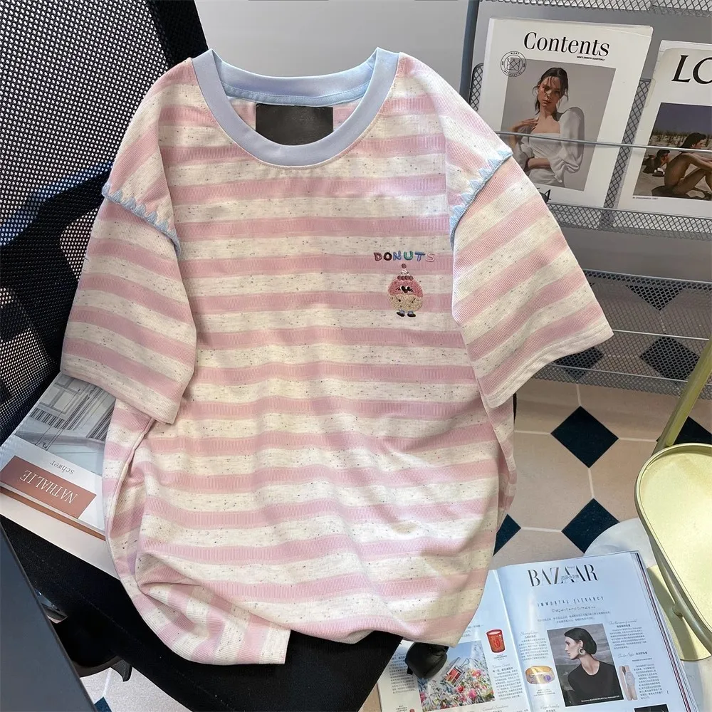 

Off Color Blo Stripe ort Sve Women's T-irt Loose Summer Faionable Youthful f Sve Top Ladies' Premium Faion