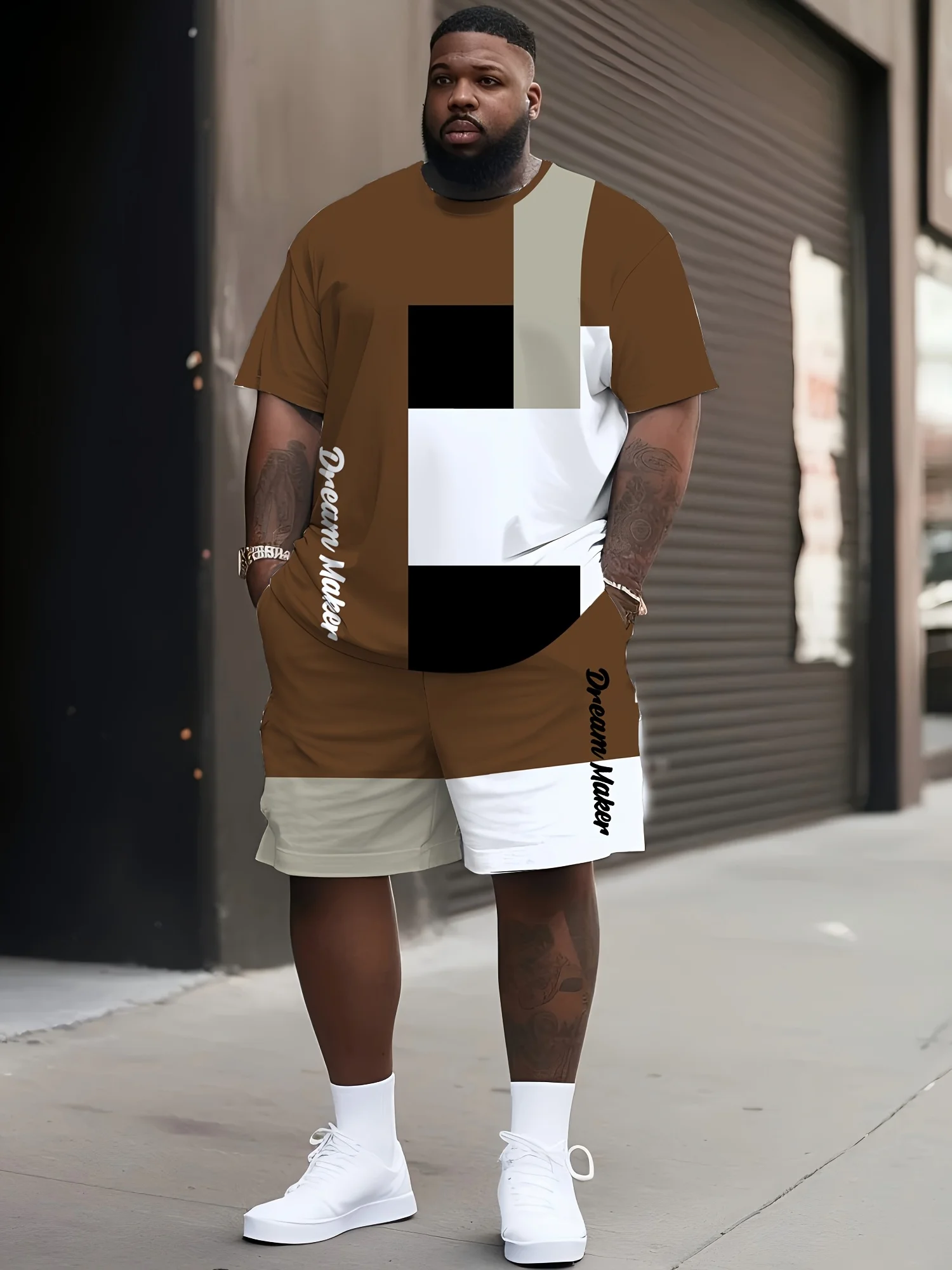 

Men's stylish patchwork cool signature print casual short sleeve crew collar graphic T-shirt&drawstring shorts pocket casual set