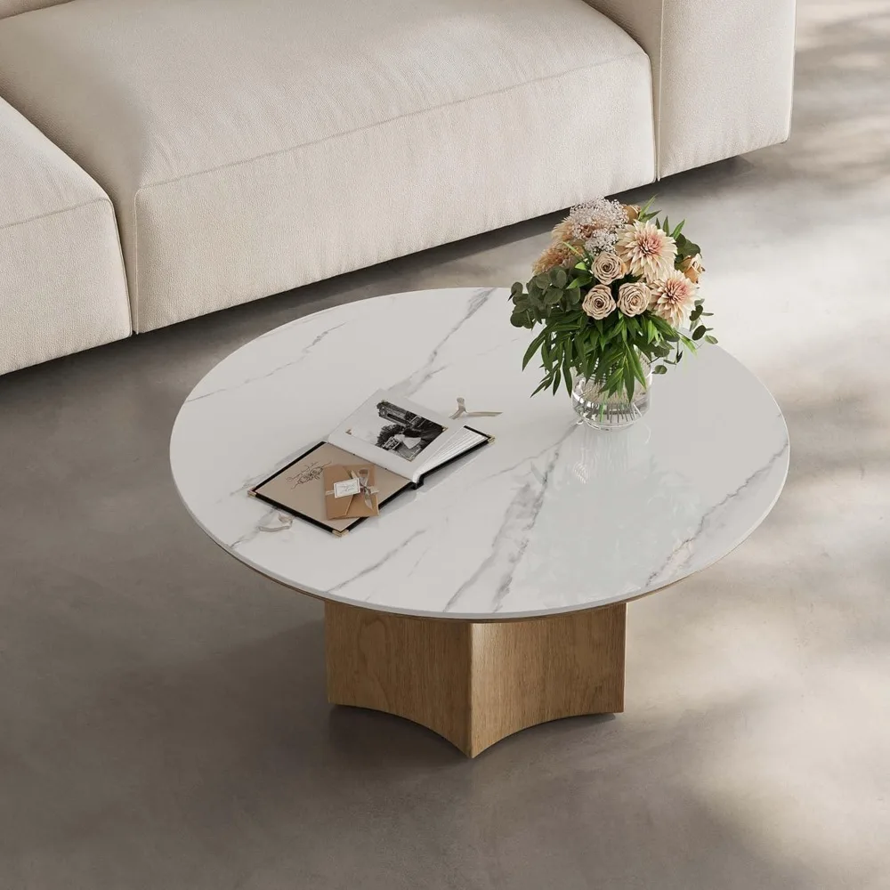 

Modern Round Coffee Table - 35.4" Diameter White Sintered Stone Top with Wood Base, 16.2" Height, Mid-Century Style Living Room