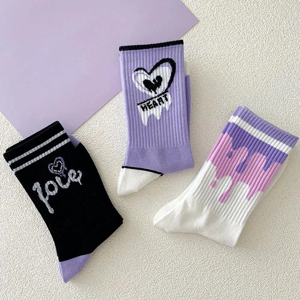 Women White Socks Cute Cotton Socks With Hearts Kawaii Preppy Korean Style Anime Purple Women Socks Set 5 Pair