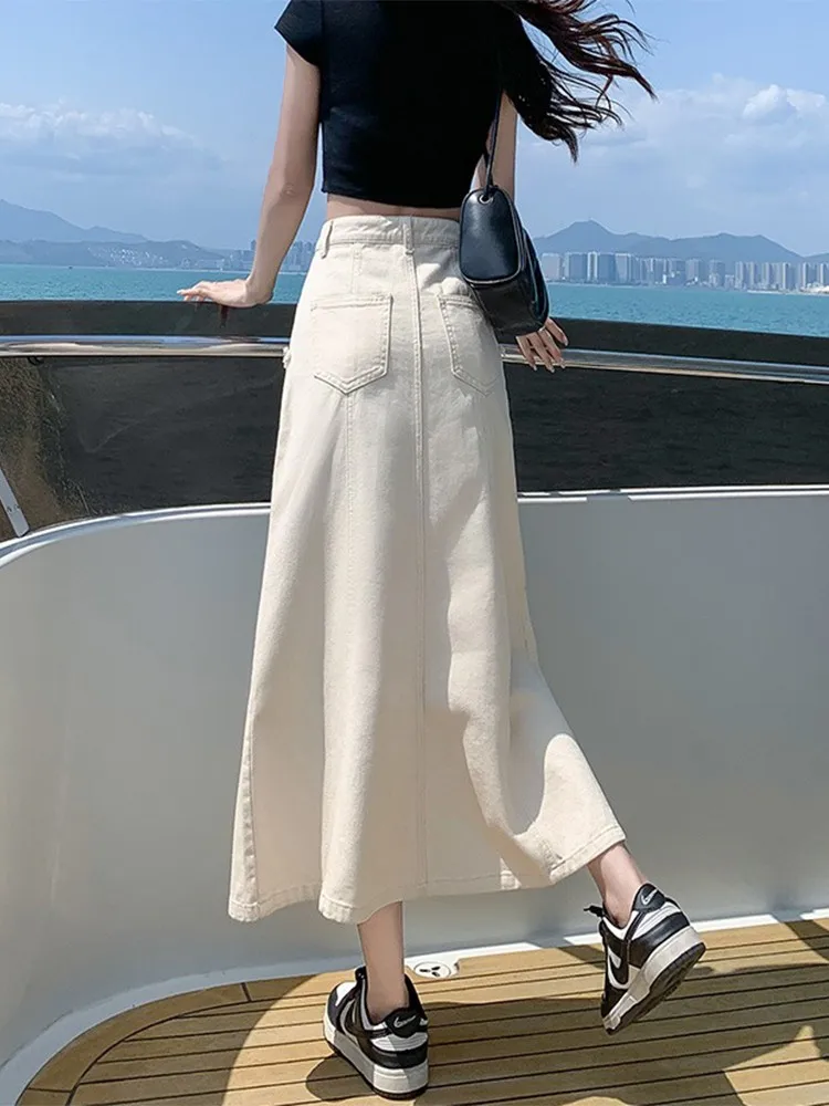 GUUZYUVIZ Denim Skirts Womens Summer Casual High Waisted Pocket Midi Skirt Ladies Korean Fashion Mermaid Skirt Female