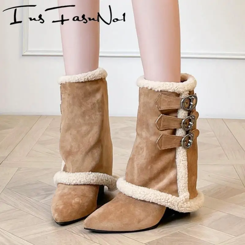 

Wedges Heel Pointed Toe Women Snow Boots Fashion Belt Buckle Keep Warm High Heel Knight Boots Mujer All Match Outdoor Ankle Boot