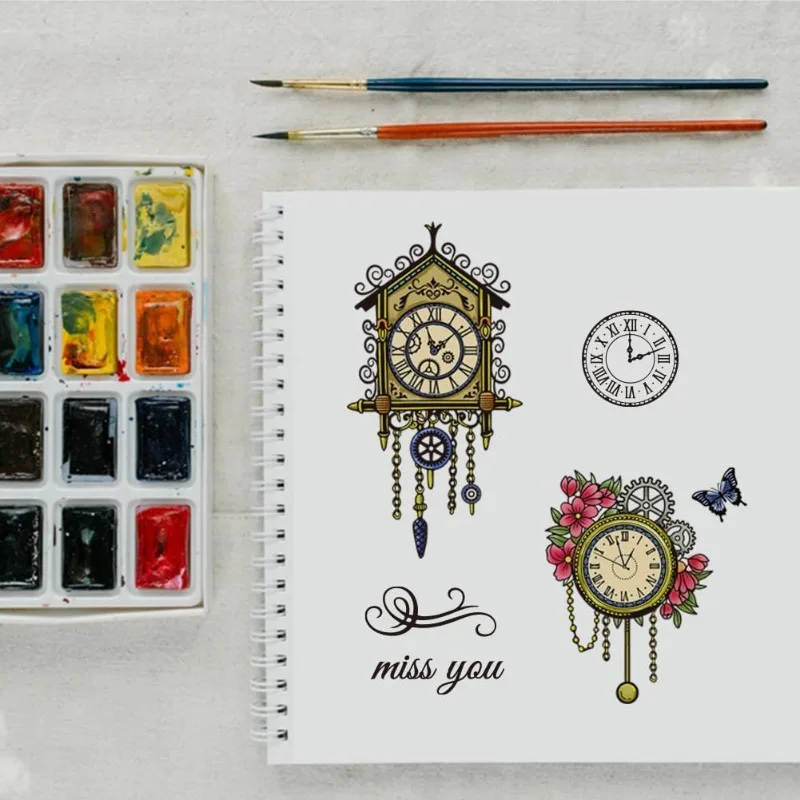 1Sheet Vintage Clock Gear Clear Stamps Clock Bird Clear Rubber Stamps Alarm Clock Silicone Stamps for DIY Scrapbooking Photo