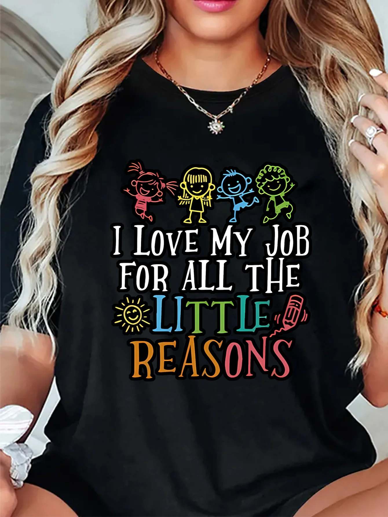 I Love My Job For All The Little Reasons Teacher Graphic Womens T Shirt Short Sleeve Crew Neck Casual Daily Ladies Tee Tops