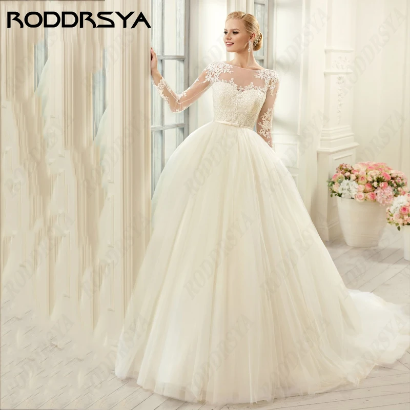 RODDRSYA Princess a-line abiti da sposa per le donne 2024 elegante manica lunga con scollo a barchetta Robe De Soirée Illusion Button Back smileslimaysPrincess a-line abiti da sposa per le donne 2024 elegante manica lu