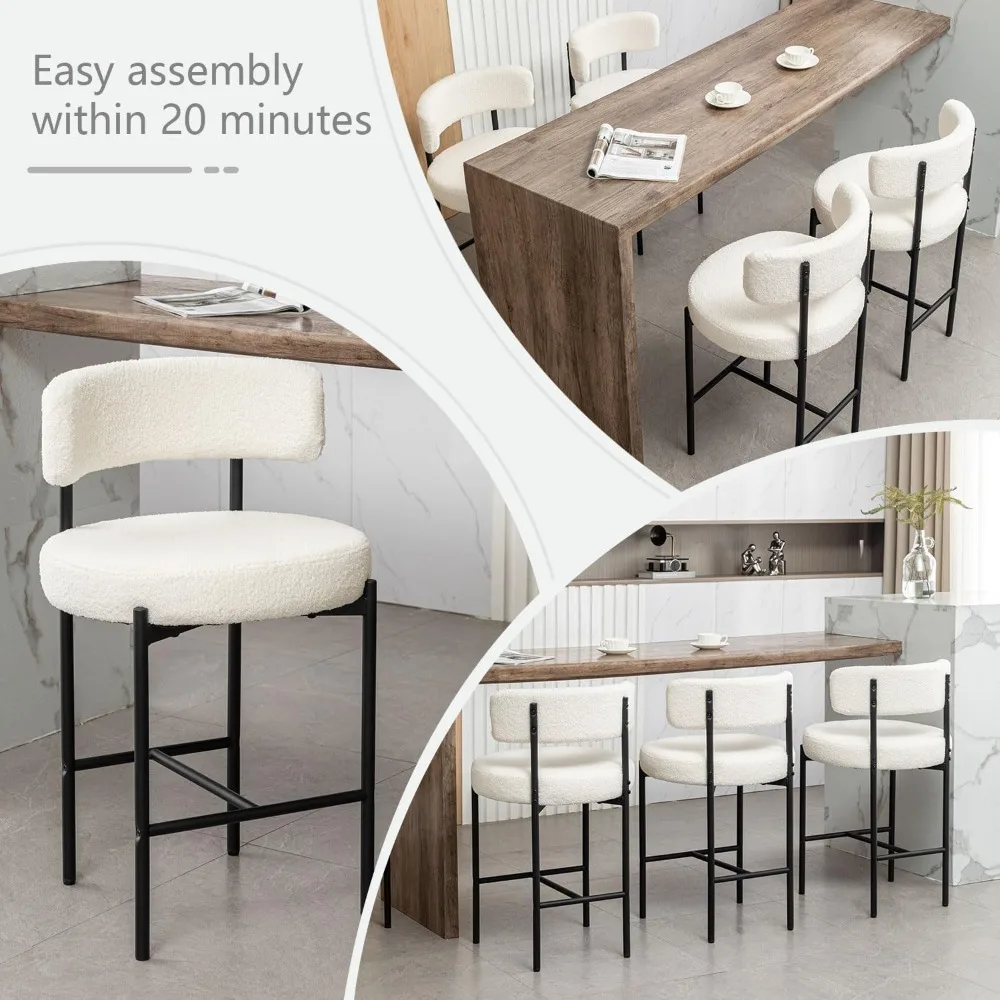Juego de 2 taburetes de bar Boucle, 24 taburetes de mostrador modernos con respaldos, taburetes de bar tapizados blancos para isla de cocina, bar, cafetería