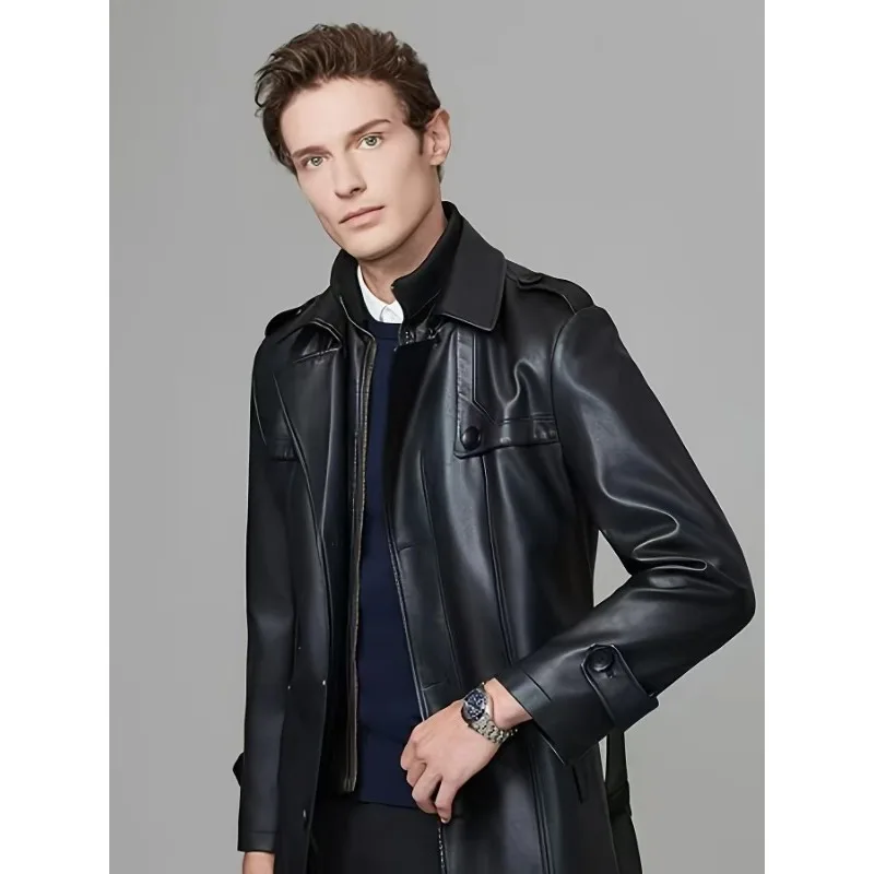 Cross-border Amazon Hot Selling Men's PU Leather Coat Autumn and Winter Men's Casual Business Double Collar Fur Coat Plus Long