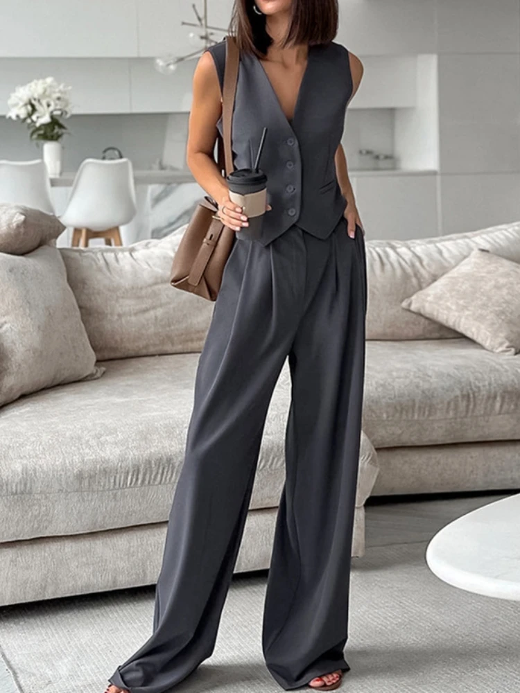 2024 Spring Summer Blazer Tank Long Pants Women\'s Suit Sleeveless V-neck Buttoned Vest High Waist Pant Lady Commuter 2-piece Set