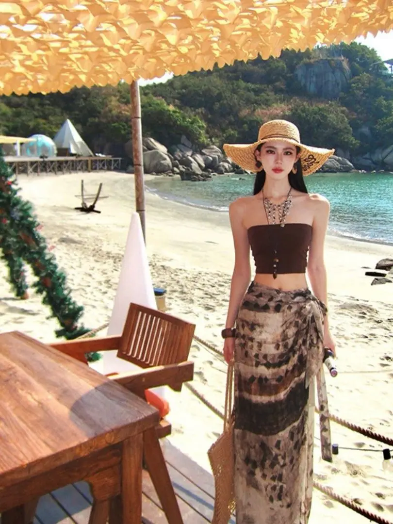 

Travel Vacation Style Southeast Asia Yunnan Beach Island Halter Wrap Skirt Two Piece Set Women's Short Sleeveless One Shoulde...