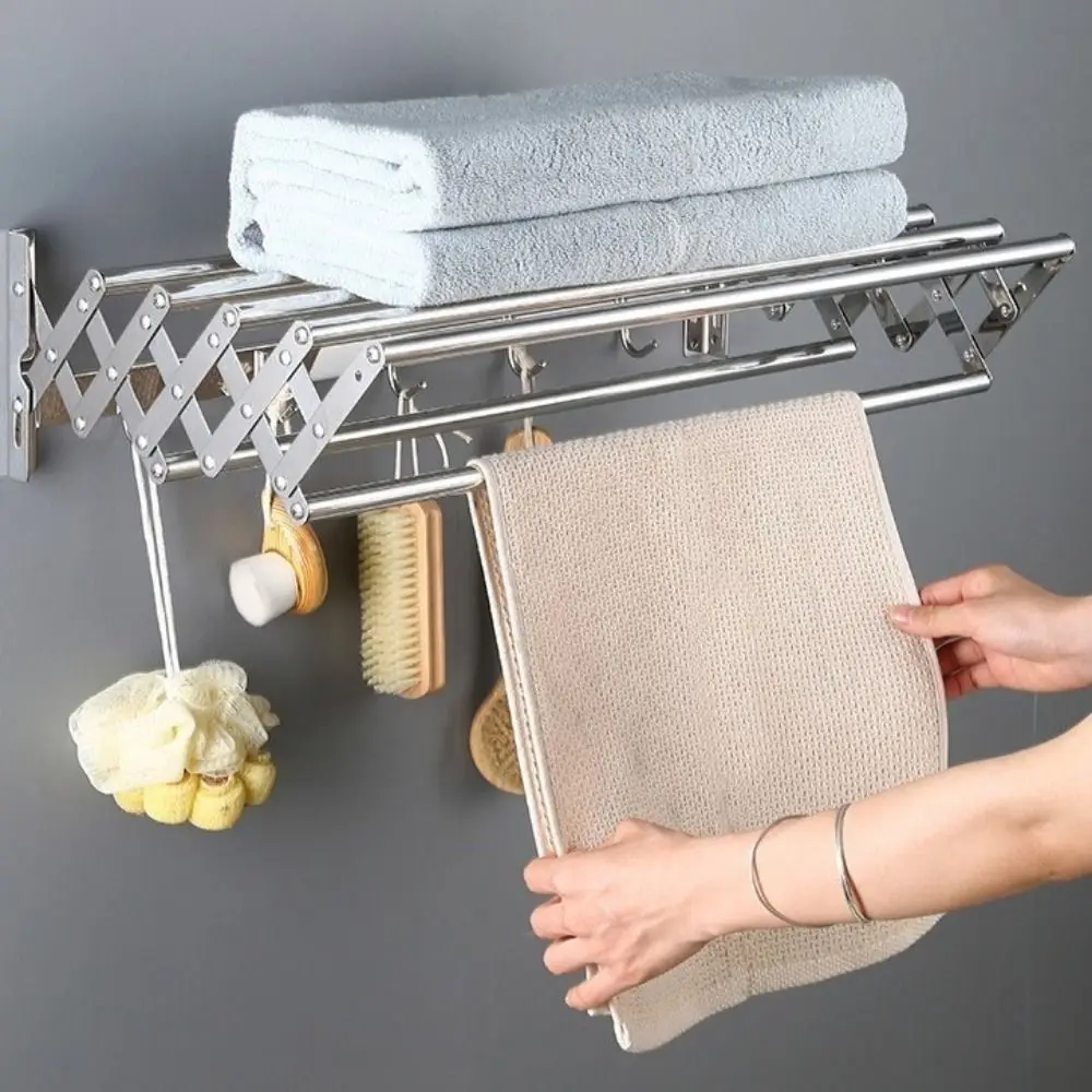 

Stainless Steel Wall Mounted Folding Drying Rack Rustproof Large Capacity Retractable Laundry Drying Rack with Hooks
