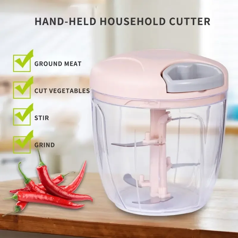 1pc Pink/Blue 500ML/900ML Household Kitchen Garlic Chopper Mashed Hand Pulled Meat Grinder Multifunctional Vegetable