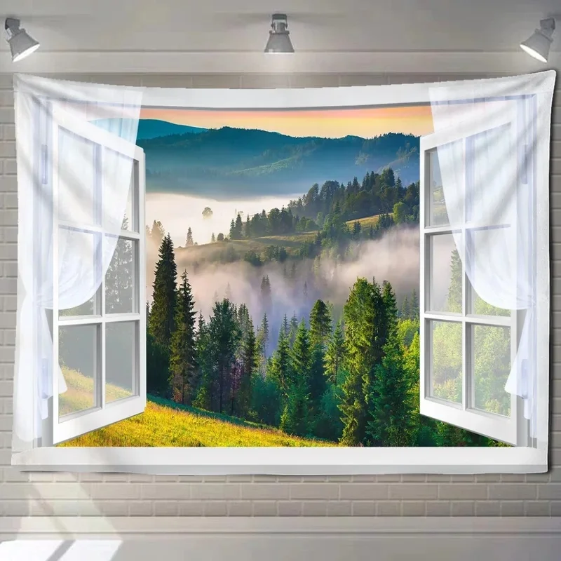 VIKAMA Vintage Balcony Wall Tapestry Lake White Swan Seagull Ancient Building Water Reflection Pattern Fabric Wall Backdrop