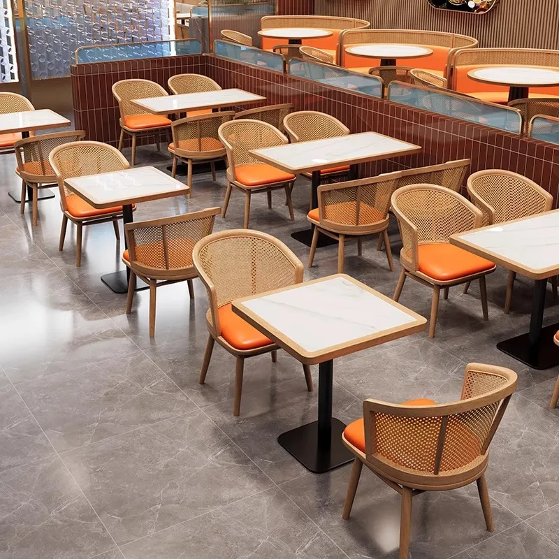 

Rattan solid wood, restaurant coffee hot pot barbecue restaurant wall booth, sofa noodle restaurant table and chair combination
