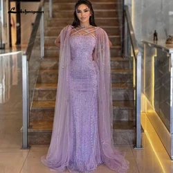 Lakshmigown Mermaid Lilac Elegant Cape Sleeves Beaded Luxury Dubai Evening Dresses Gowns For Women Wedding Party