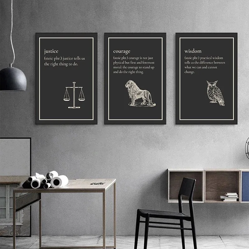 Stoicism Courage Justice Wisdom Virtue Quotes Posters Prints Canvas Painting Wall Black White Art Pictures for Office Home Decor