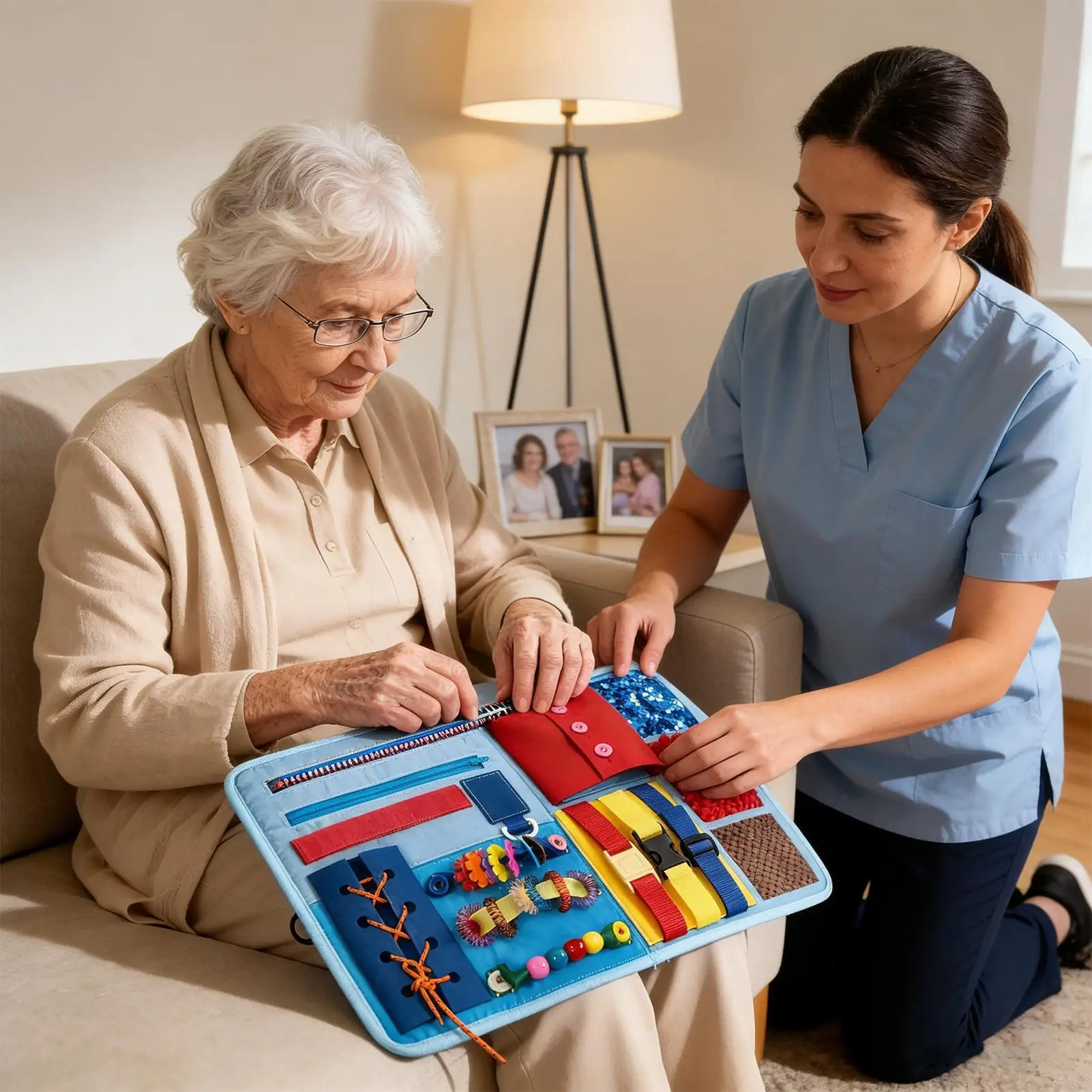 Selimut Fidget untuk Dewasa, Mainan Portabel yang Menenangkan, Selimut Sensorik untuk Lansia, Meningkatkan Fokus, Mengurangi Stres, Ketegangan, dan Perbaikan Kesejahteraan Jiwa serta Memori