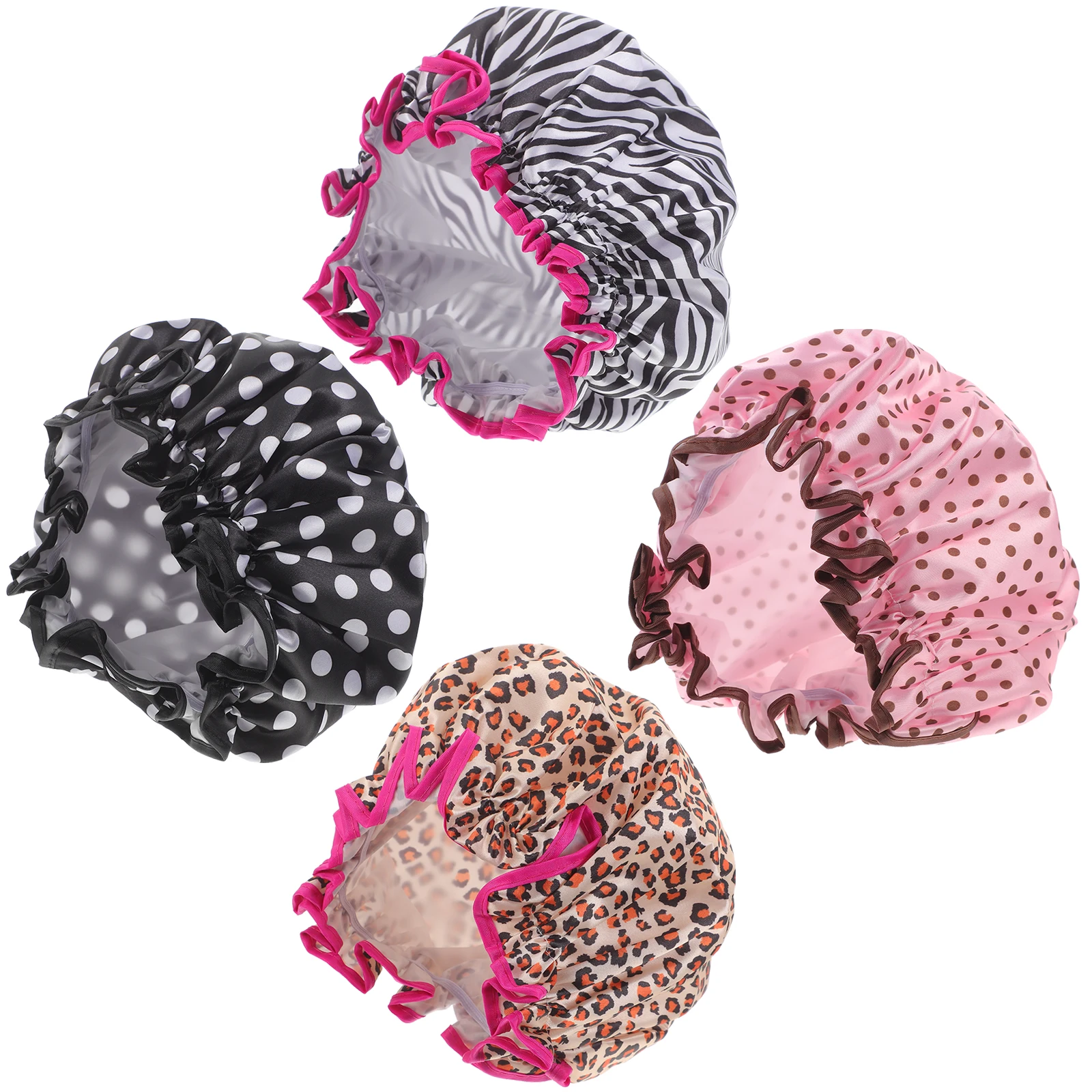 

4 Pcs Waterproof Shower Cap Bathing Hats for Women Reusable Hair Protection Leopard Print Black Dots Polyester Fiber PEVA