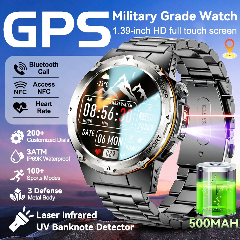 

Новые военные GPS мужские умные часы 1,39-дюймовый экран УФ-инфракрасный 3ATM водонепроницаемый аккумулятор 500 мАч NFC Bluetooth Call Smartwatch